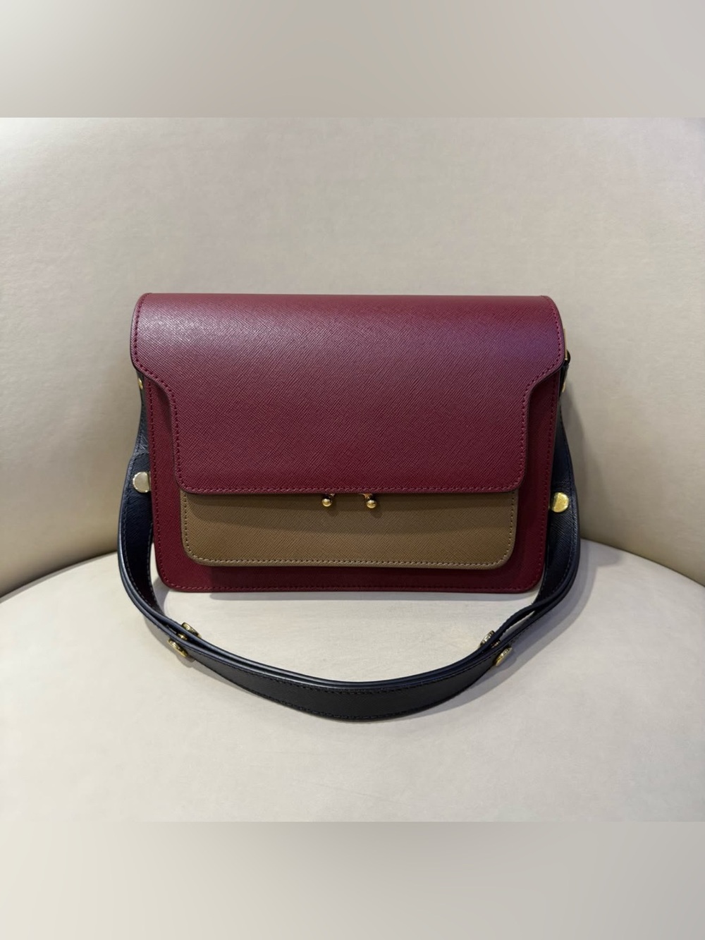 Marni Colorblock Leather Shoulder Bag in Burgundy, Tan & Navy